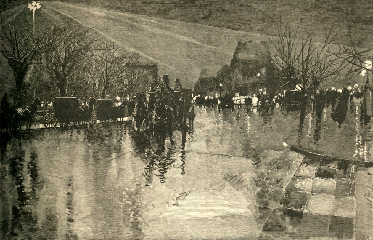 Światło elektryczne na Madison Square w stanie Nowy Jork, w pochmurny wieczór, 1882 r. autorstwa Unbekannt
