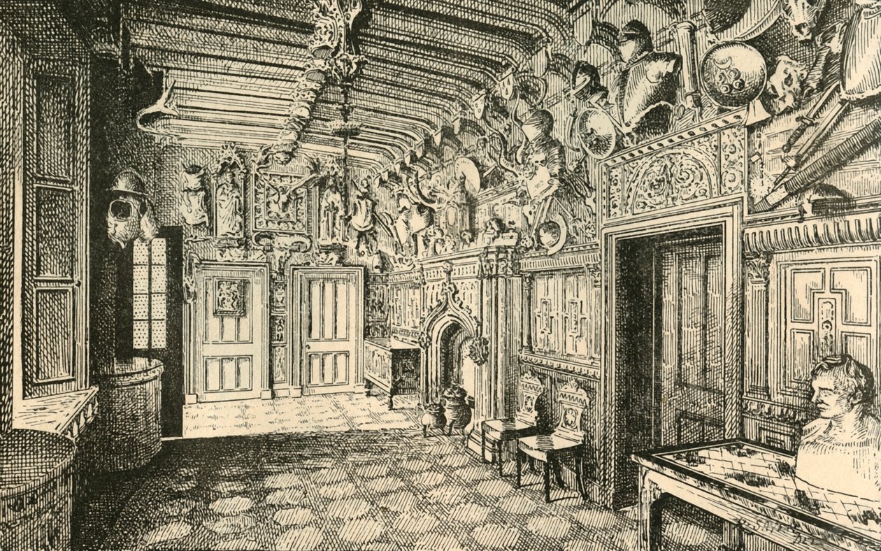 Hol wejściowy. - Wzdłuż ściany znajduje się wiele garniturów ze starej zbroi., 1882. autorstwa Unbekannt
