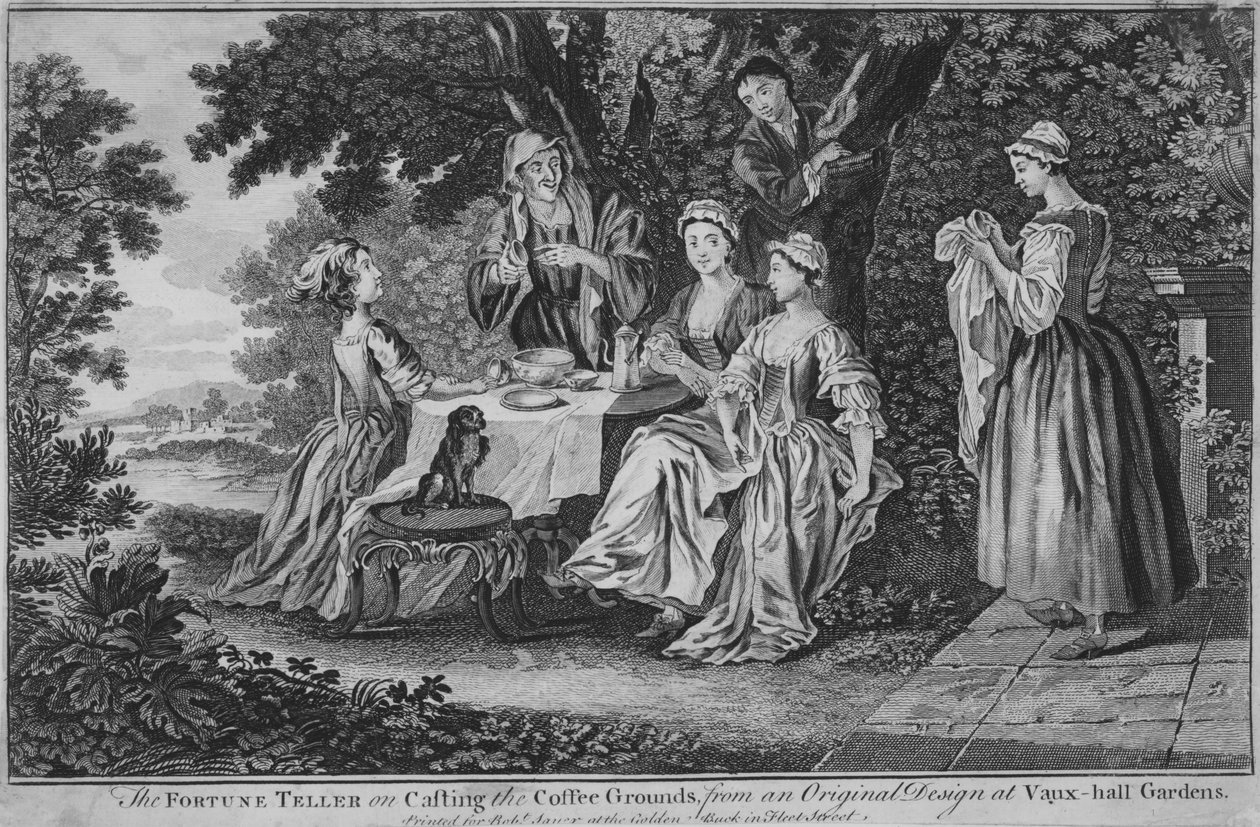 Wróżka o odlewaniu fusów z kawy, z oryginalnego projektu w Vaux-hall ..., 1748-60. autorstwa Unbekannt