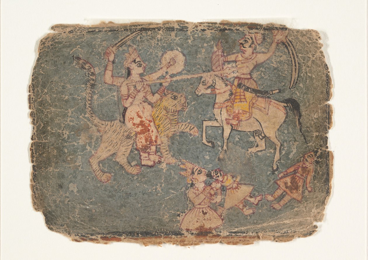 Bogini Durga zabijająca wroga, Page z rozproszonej Markandeja Purany..., 1650-60. autorstwa Unbekannt