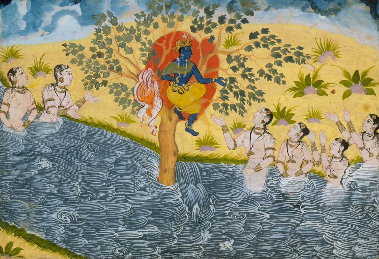 Gopi błagają Krysznę, aby zwrócił swoje ubrania, Strona z Bhagavata Purany..., ca. 1610. autorstwa Unbekannt