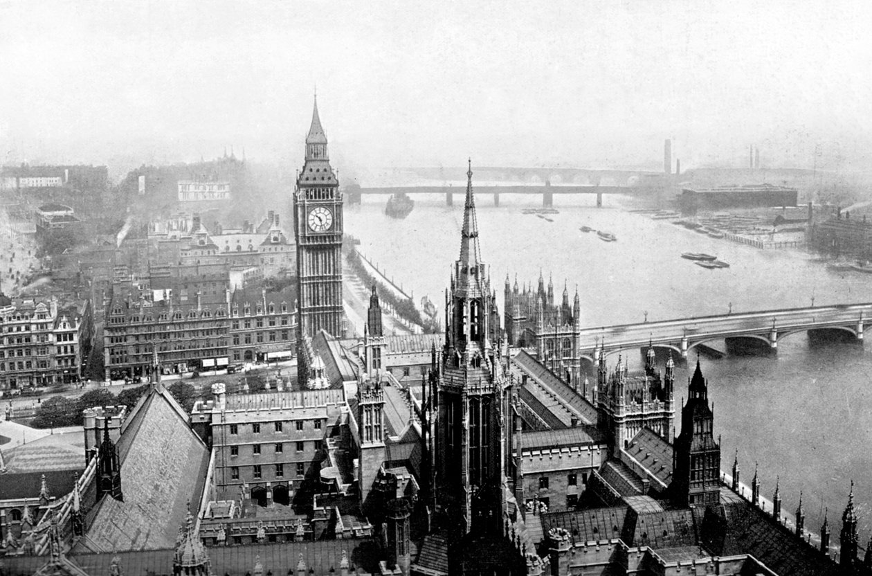Houses of Parliament, widziane z Victoria Tower, Westminster, Londyn, ok. 1905 r. autorstwa Unbekannt