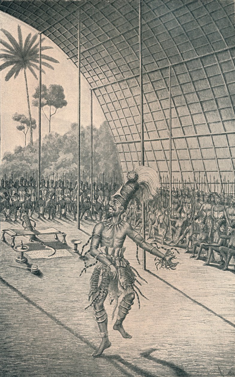 Król Mangbattu Munsa tańczy przed swoimi żonami i wojownikami, c1870, 1903 autorstwa Unbekannt