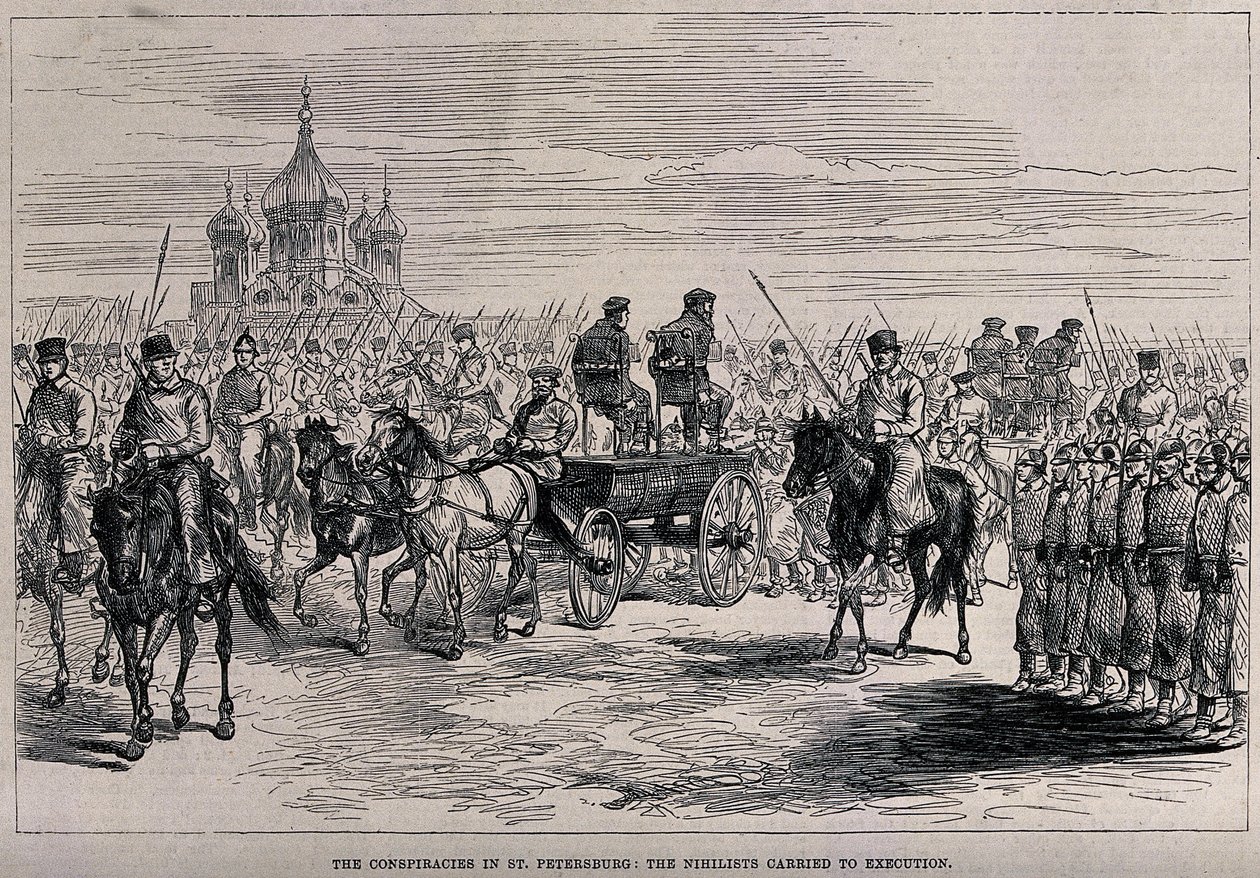 Nihiliści przewiezieni na egzekucję w Petersburgu, ok. 1881 r. autorstwa Unbekannt