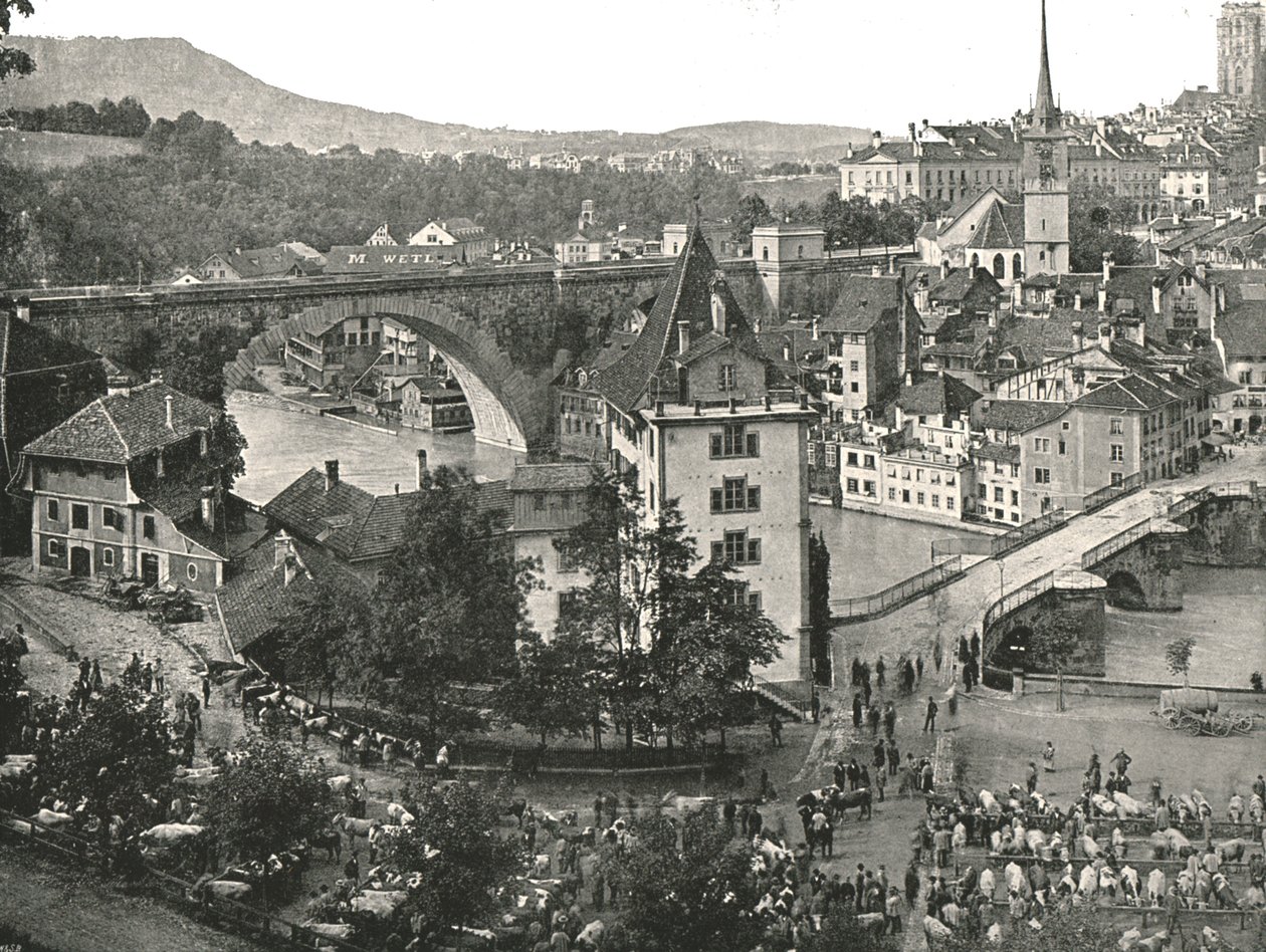 Targ Nydeggbrücke i bydła, Berno, Szwajcaria, 1895. autorstwa Unbekannt