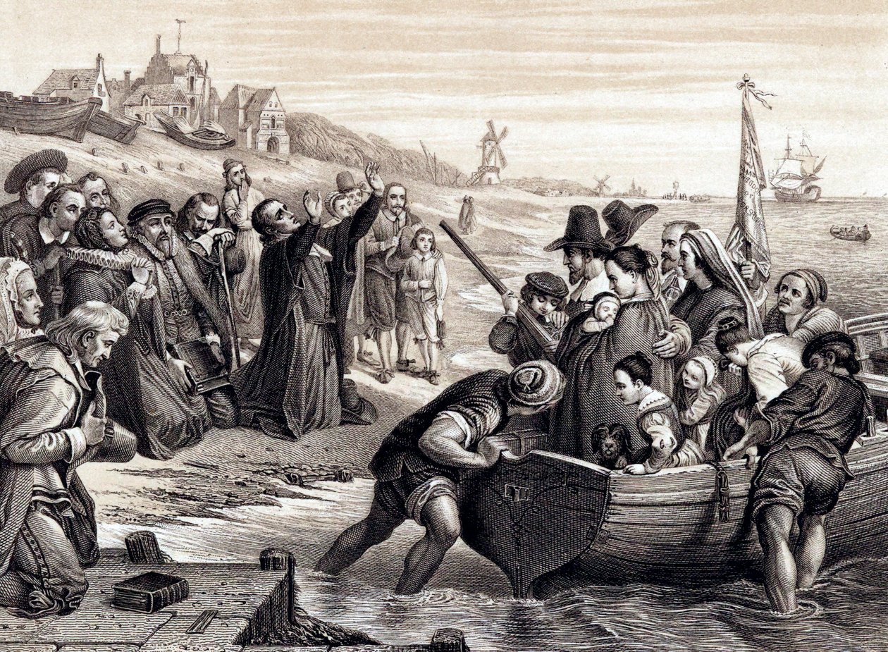 Ojcowie Pielgrzymi opuszczający Delft Haven w swojej podróży do Ameryki, lipiec 1620 1878 autorstwa Unbekannt