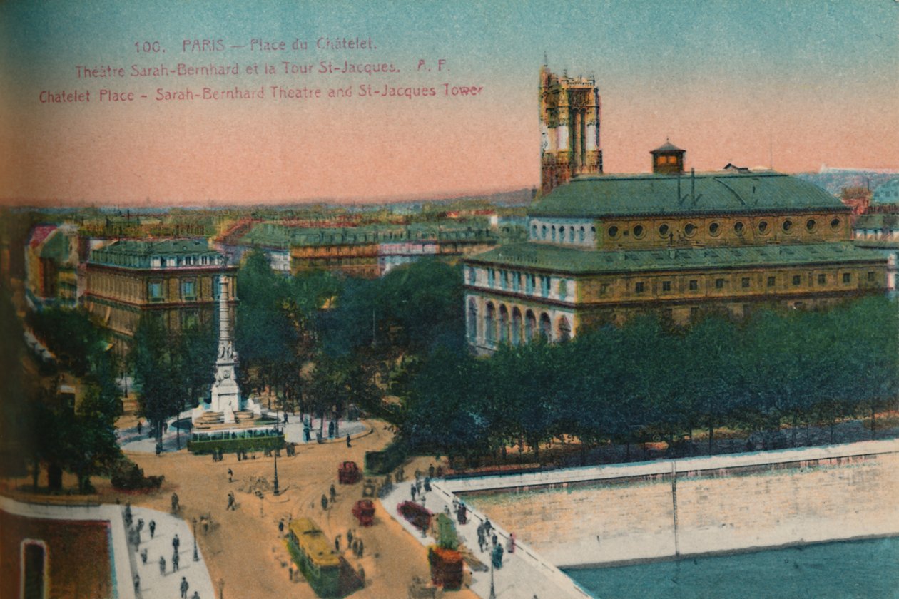 Place du Châtelet - teatr Sarah-Bernhardt i wycieczka Saint-Jacques, ok.1920 autorstwa Unbekannt