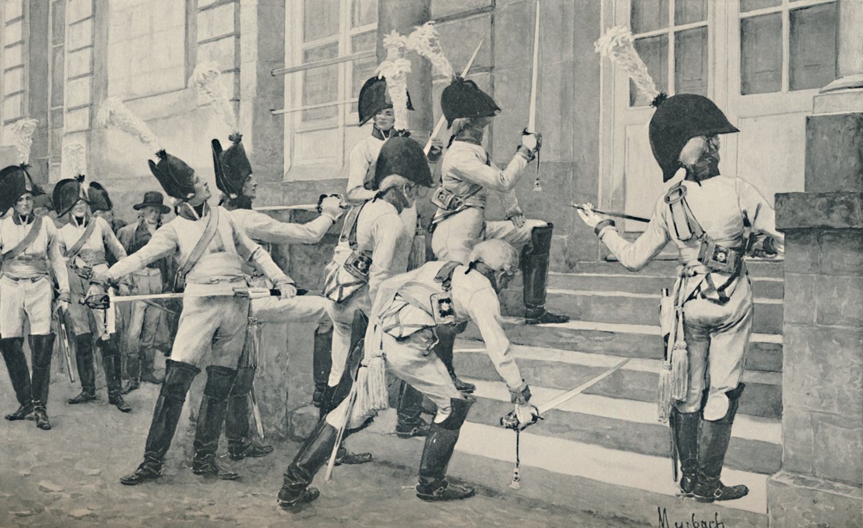 Pruska Gwardia Szlachecka ostrzy miecze na schodach ambasady francuskiej w Berlinie, 1896 r. autorstwa Unbekannt
