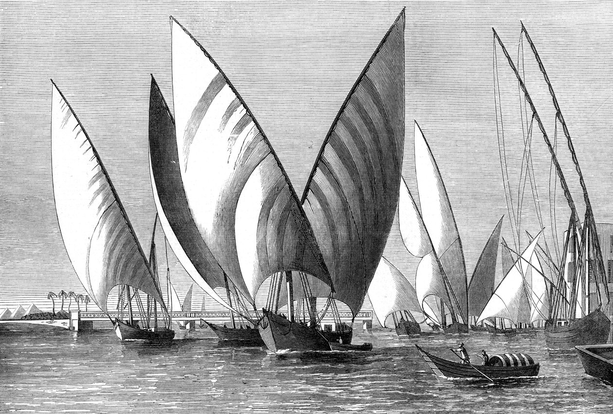 Rzeka przy Moście Boulak, Kair, z przechodzącymi dahabeah, 1874 autorstwa Unbekannt