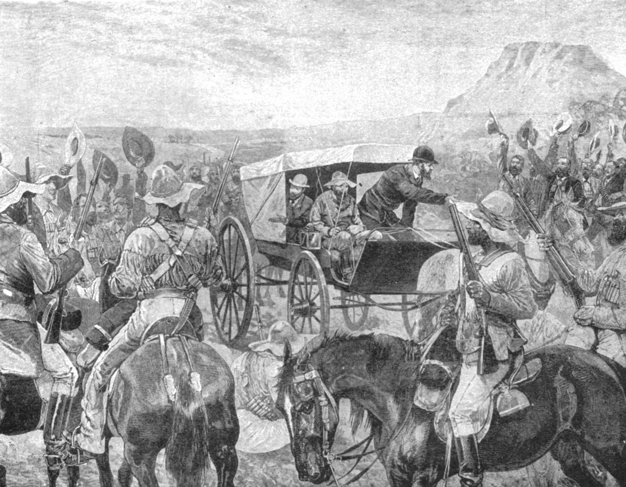 Wojna Transwalu, 1881: Prezydent Brand składający deklarację pokoju w Laings Nek, 1901. autorstwa Unbekannt