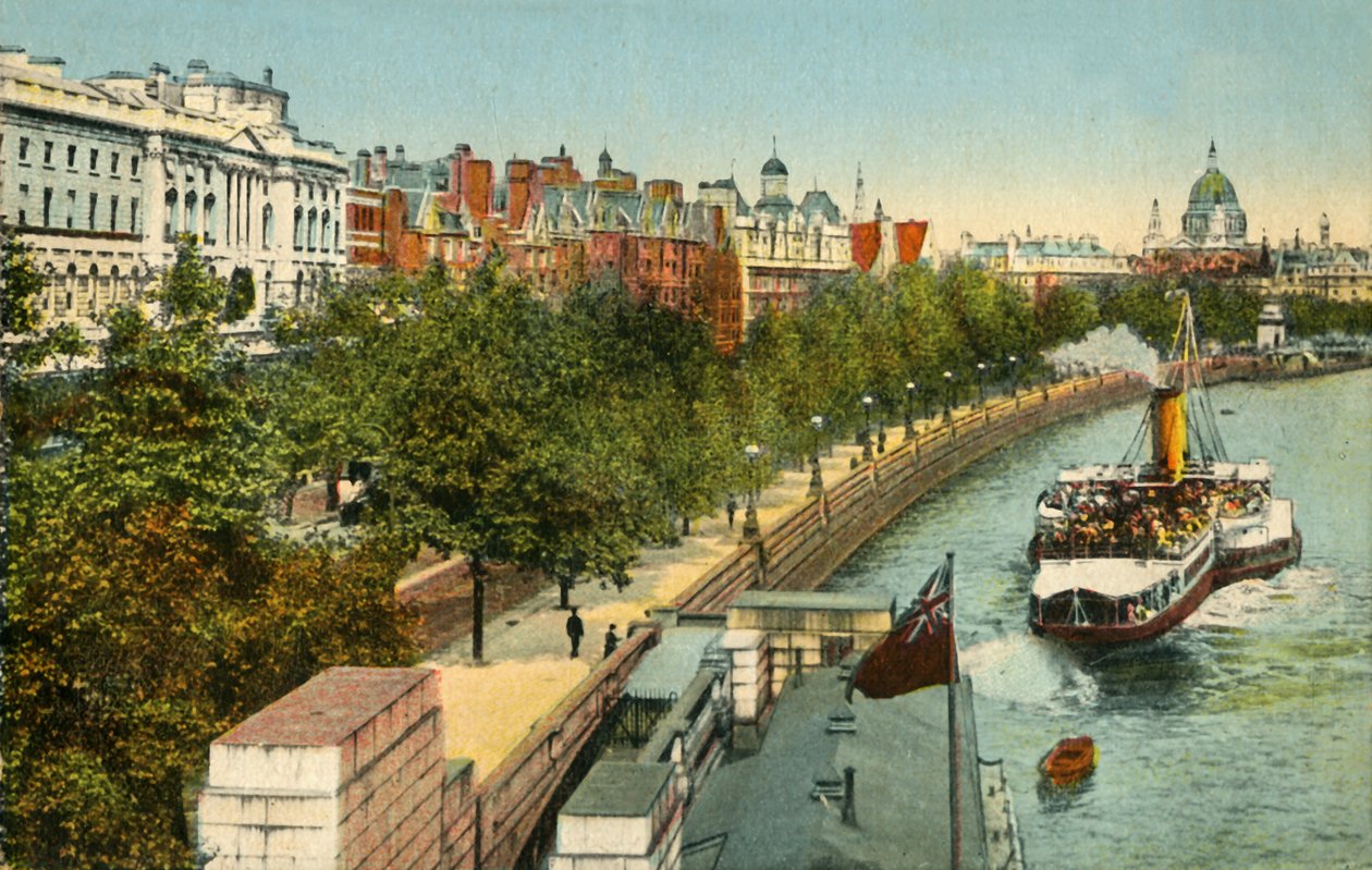 Victoria Embankment i parowiec na Tamizie, Londyn, c1910. autorstwa Unbekannt