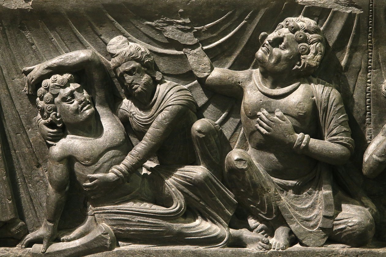 Muzeum Wiktorii i Alberta. Część płaskorzeźby po śmierci Buddy (parinirvana). 200-400. Okres Kuszan. Łupek. Gandhara/północno-zachodni Pakistan. Zjednoczone Królestwo autorstwa Unbekannt