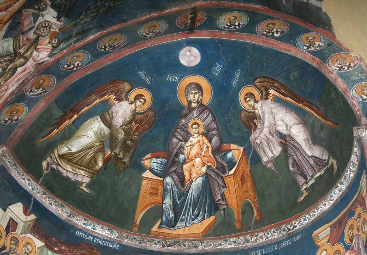 Dziewica na tronie z Chrystusem Emanuelem z Archaniołami Michałem i Gabrielem, XIV w. autorstwa Unbekannt