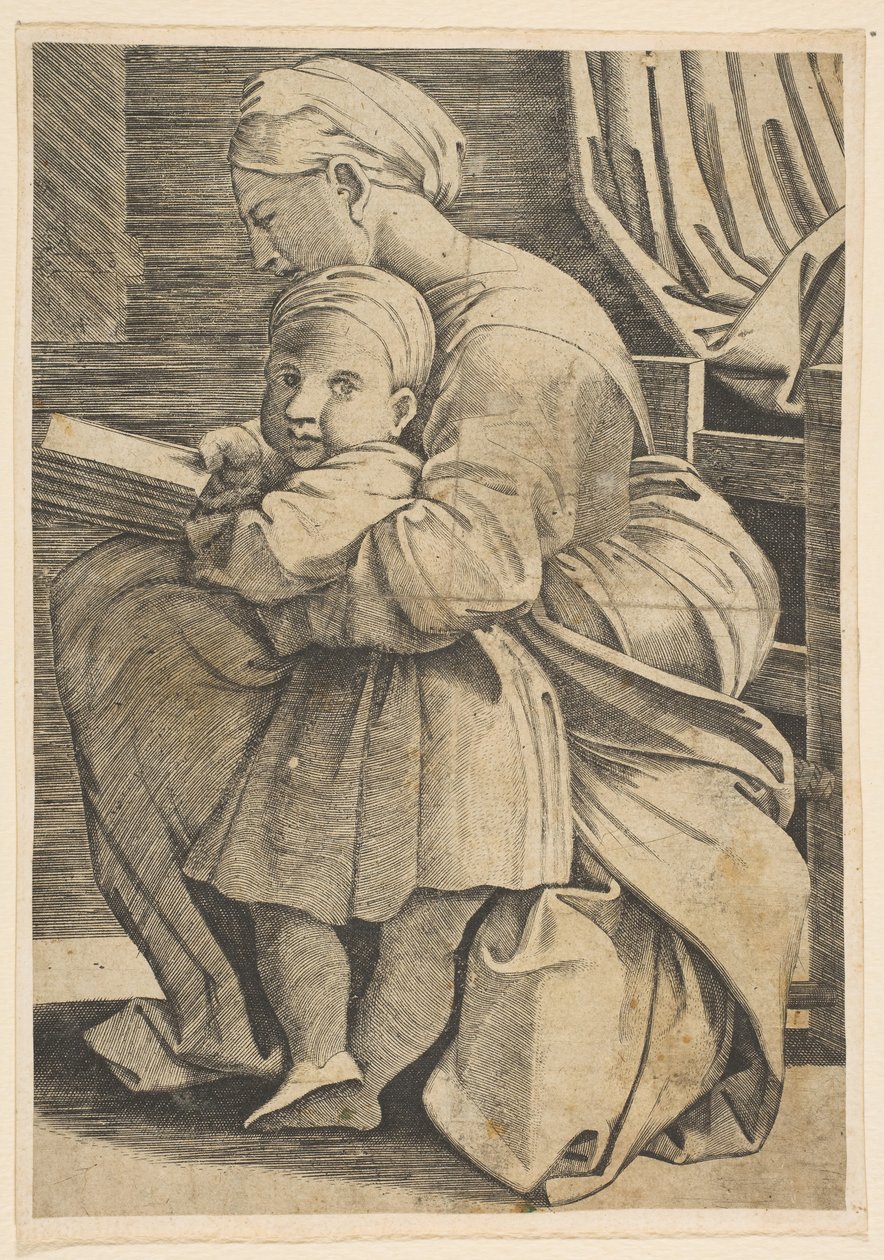 Matka Boska czytająca z Dzieciątkiem Chrystus, kobieta siedząca z profilu zwrócona w lewo i..., ca. 1515-1600. autorstwa Unbekannt