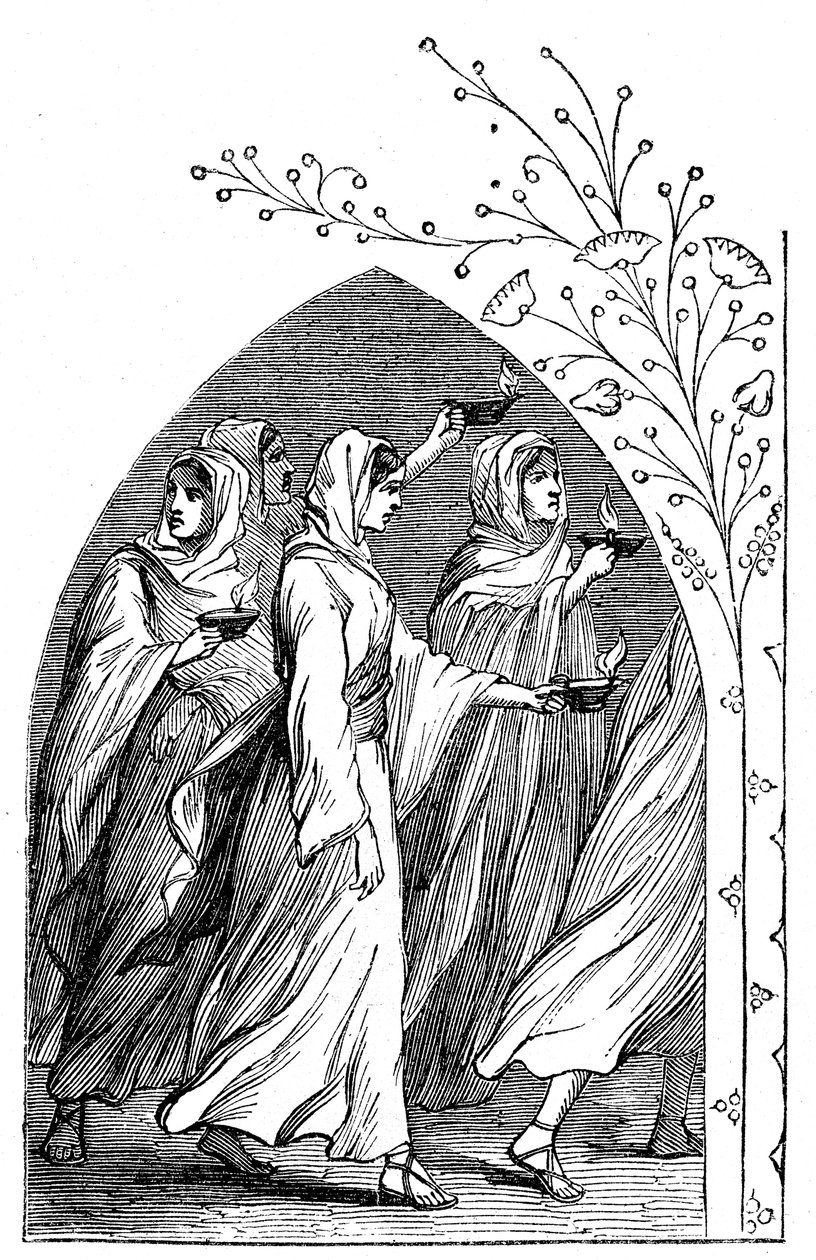 Panny Mądre idą na spotkanie z oblubieńcem, ich lampy świecą jasno, 1883 r. autorstwa Unbekannt