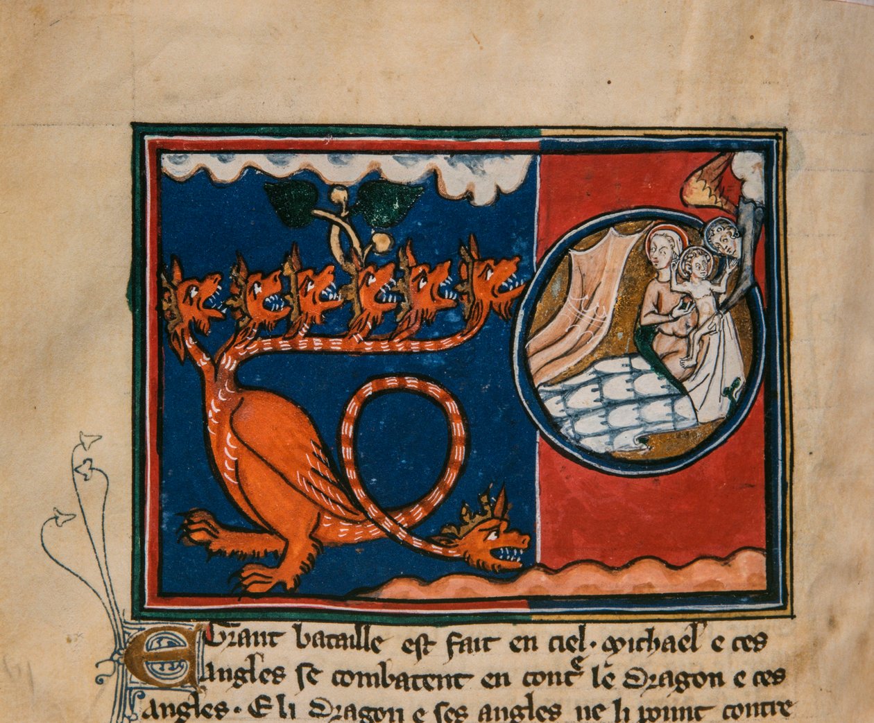 Kobieta i smok. Miniatura z: Apocalypse de Saint Jean, ok. 1320. autorstwa Unbekannt