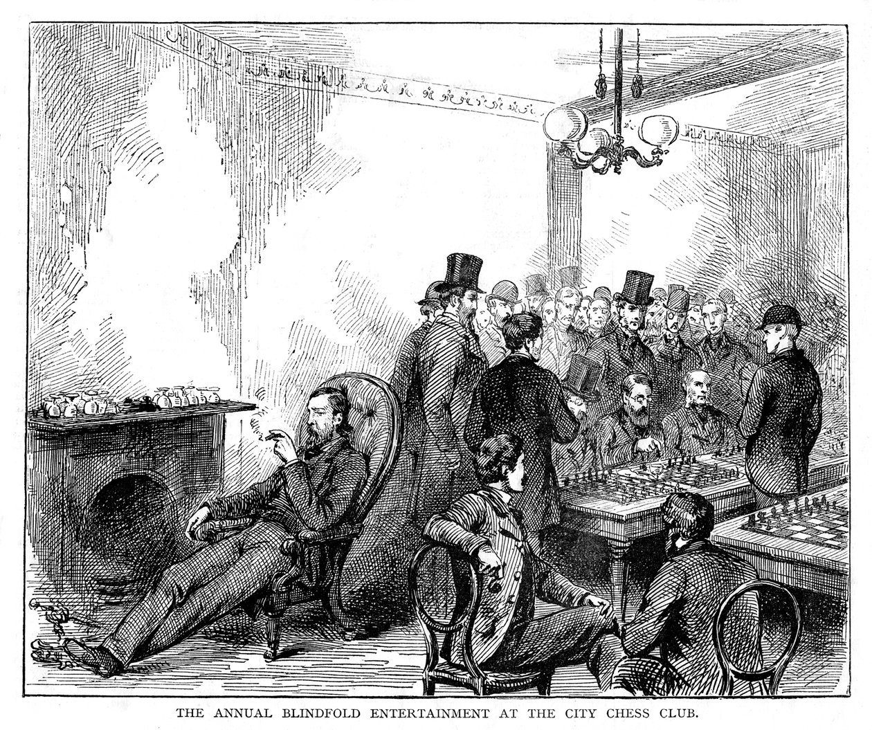 Coroczna zabawa z zawiązanymi oczami w miejskim klubie szachowym, 1876 autorstwa Unbekannt