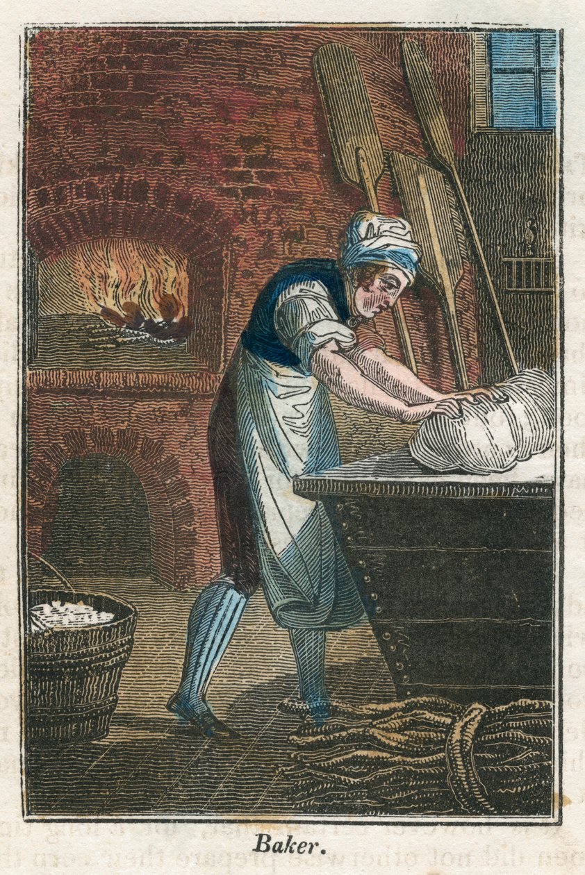 Piekarz wyrabiający ciasto na pokrywie kosza na mąkę, 1823 autorstwa Unbekannt
