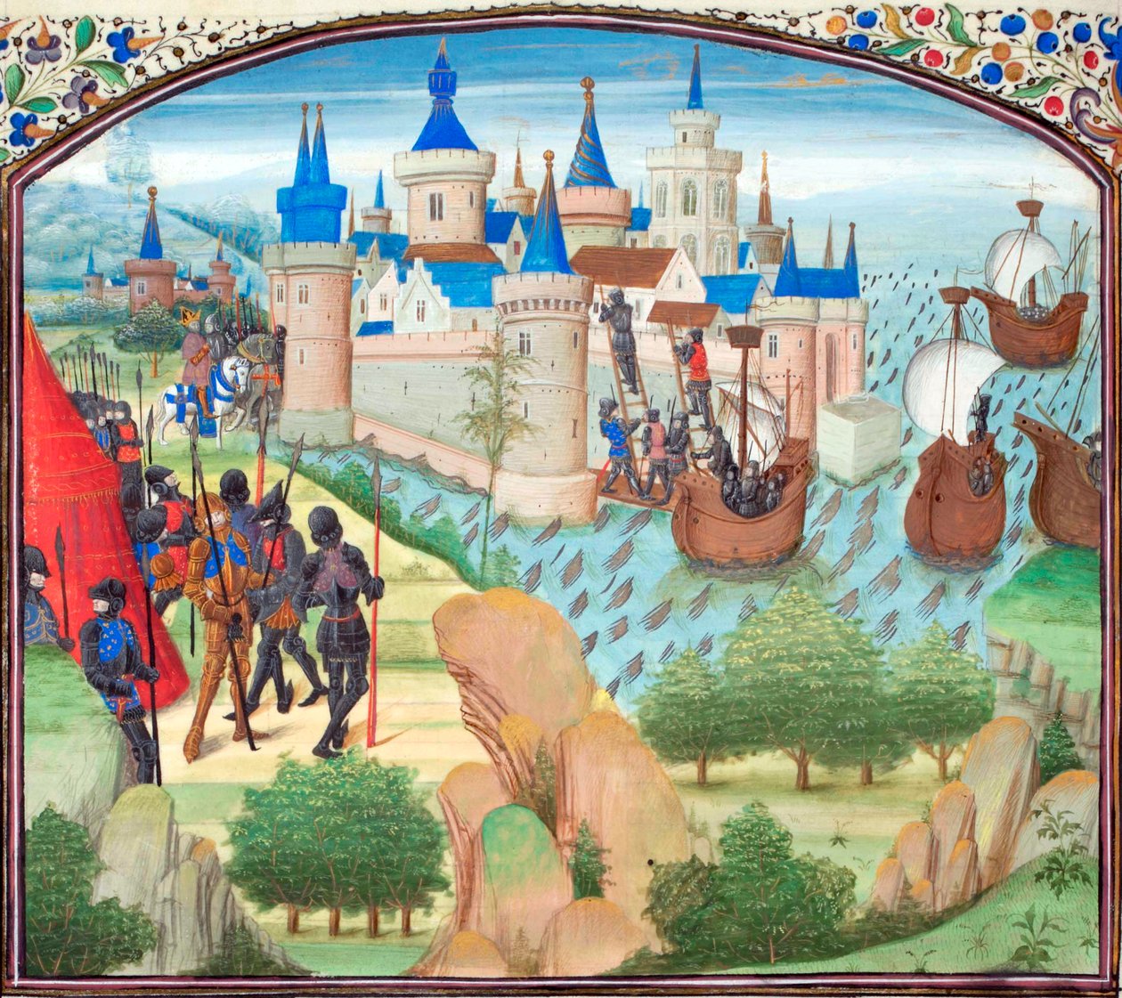 Zdobycie Konstantynopola drogą lądową i morską w 1204 r. Miniatura z Historii Wilhelma Tyru, lata 60. XIV wieku autorstwa Unbekannt