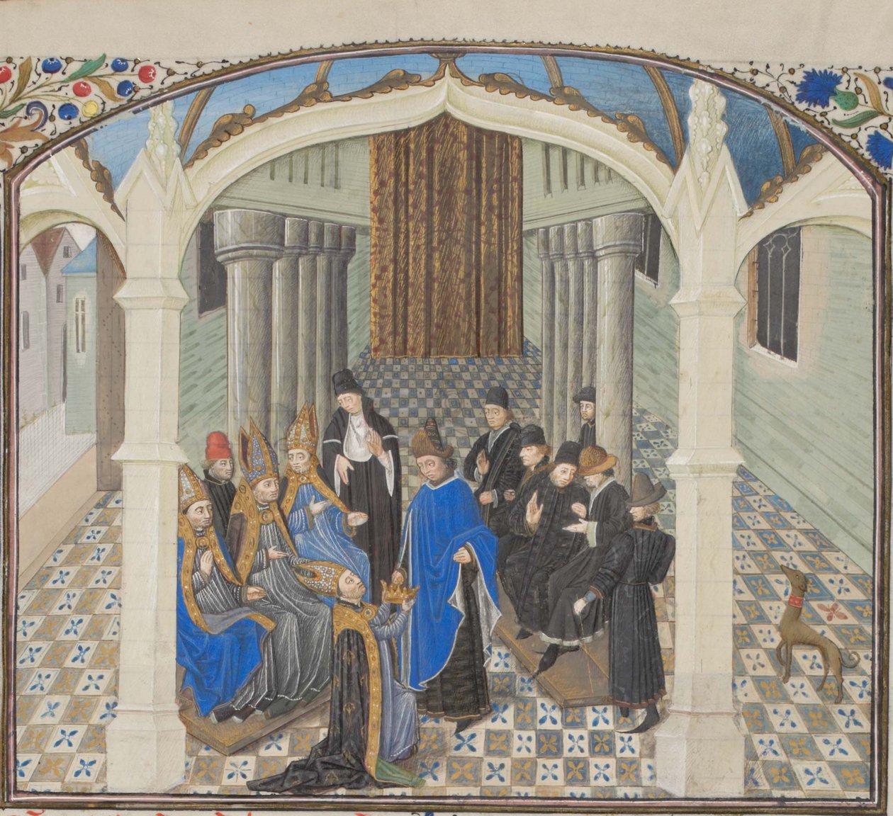 Koronacja Baldwina II w 1118 r. Miniatura z Historii Wilhelma Tyru, lata 60. XIV wieku autorstwa Unbekannt