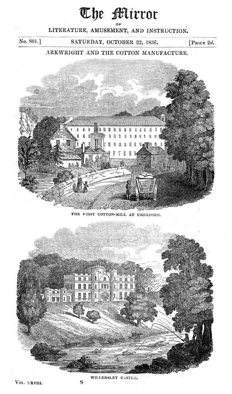 Pierwsza przędzalnia bawełny w domu Cromford, Derbyshire i Richarda Arkwrights, 1836 r autorstwa Unbekannt