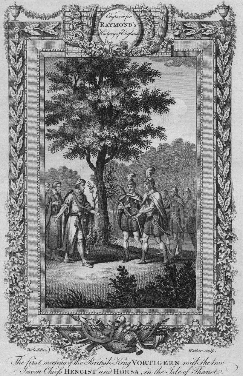 Pierwsze spotkanie brytyjskiego króla Vortigerna z dwoma wodzami saskimi Hengistem i Horsą, ok. 1787 r. autorstwa Unbekannt