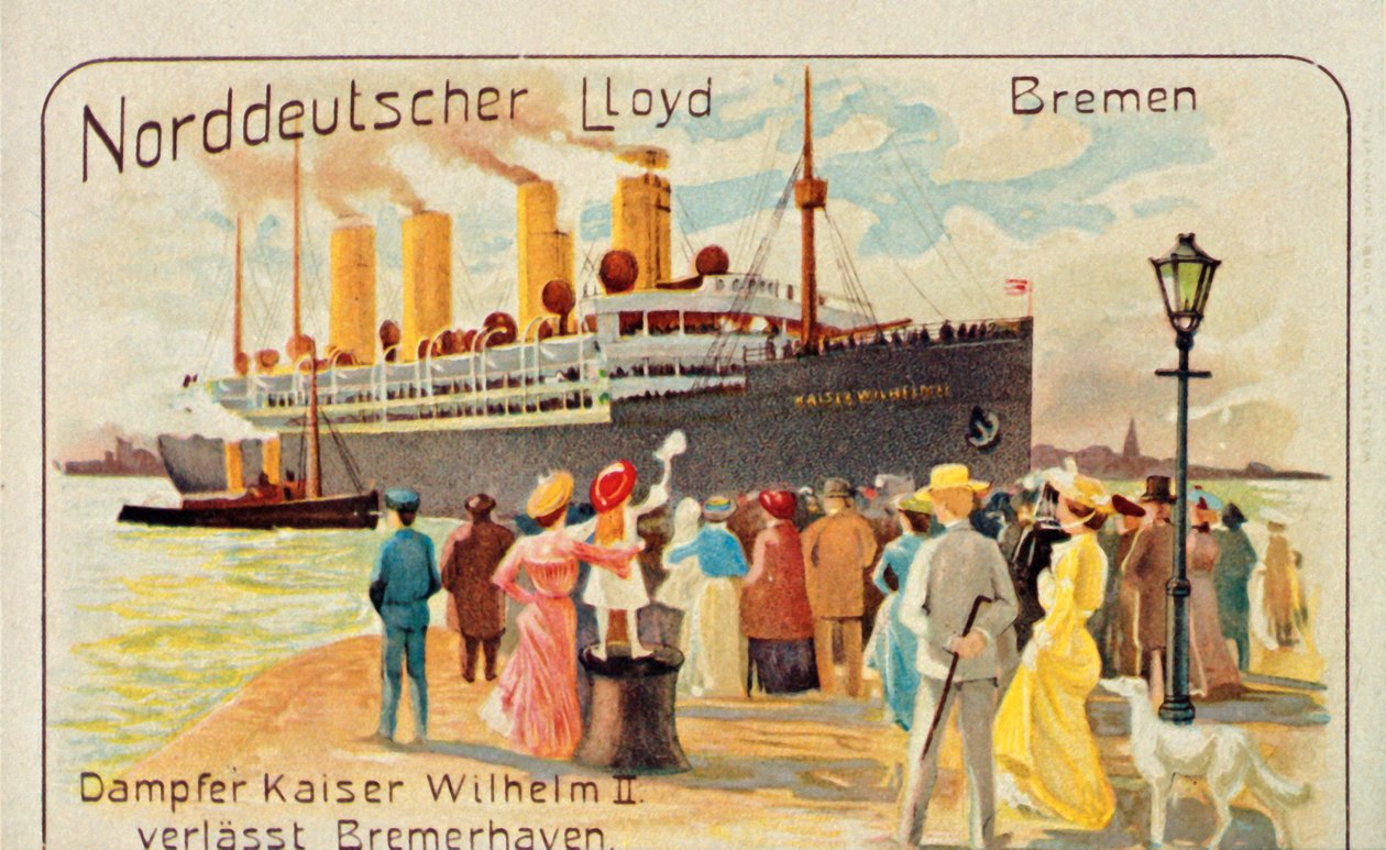 Gigantyczny SS Kaiser Wilhelm II odpływa z nabrzeża w Bremerhaven, Niemcy, 1905. autorstwa Unbekannt