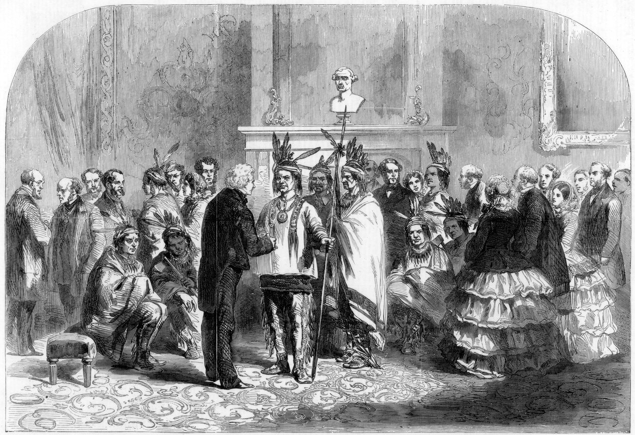 Prezydent Stanów Zjednoczonych nakłaniający wrogie plemiona do uścisku dłoni, 1858 r autorstwa Unbekannt