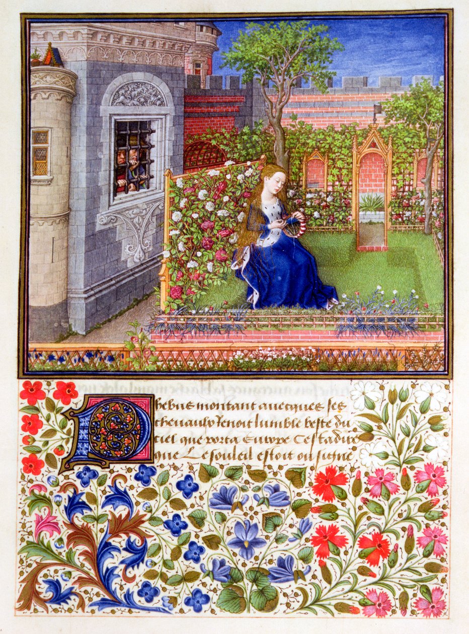 Więźniowie słuchający śpiewu Emilii w ogrodzie, 1340-1341 autorstwa Unbekannt
