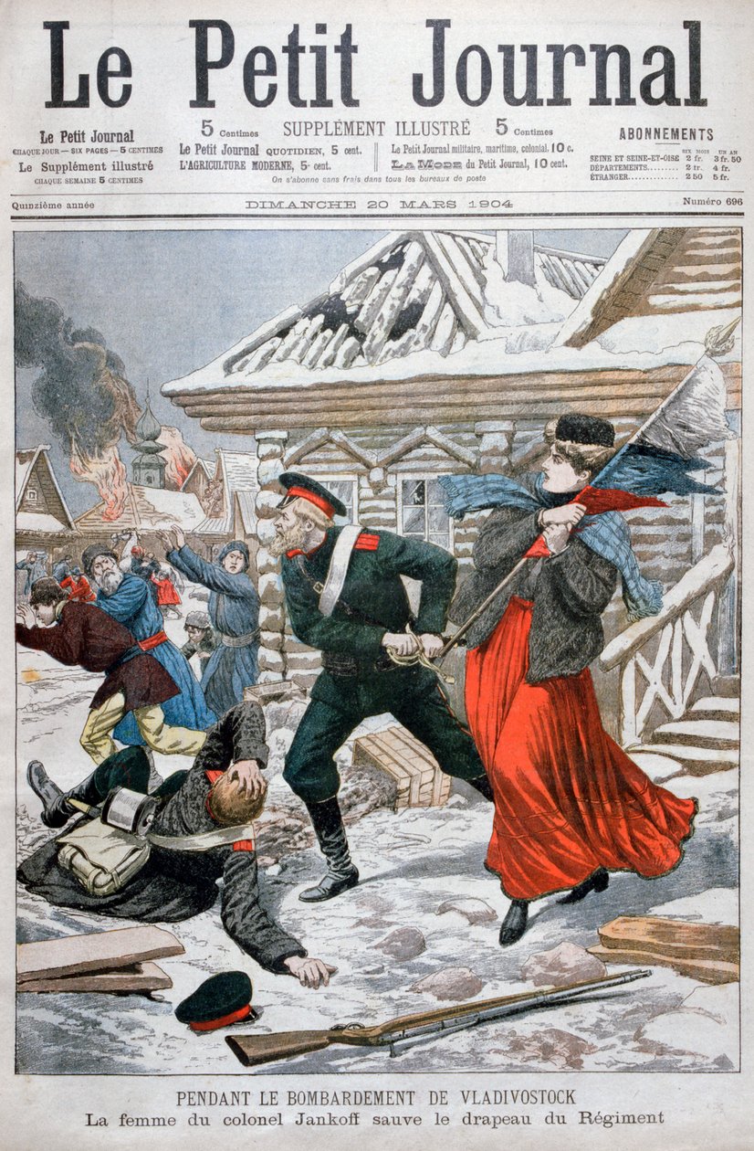 Żona pułkownika Jankoff ratująca chorągwie pułkowe, bombardowanie Władywostoku, 1904 autorstwa Unbekannt