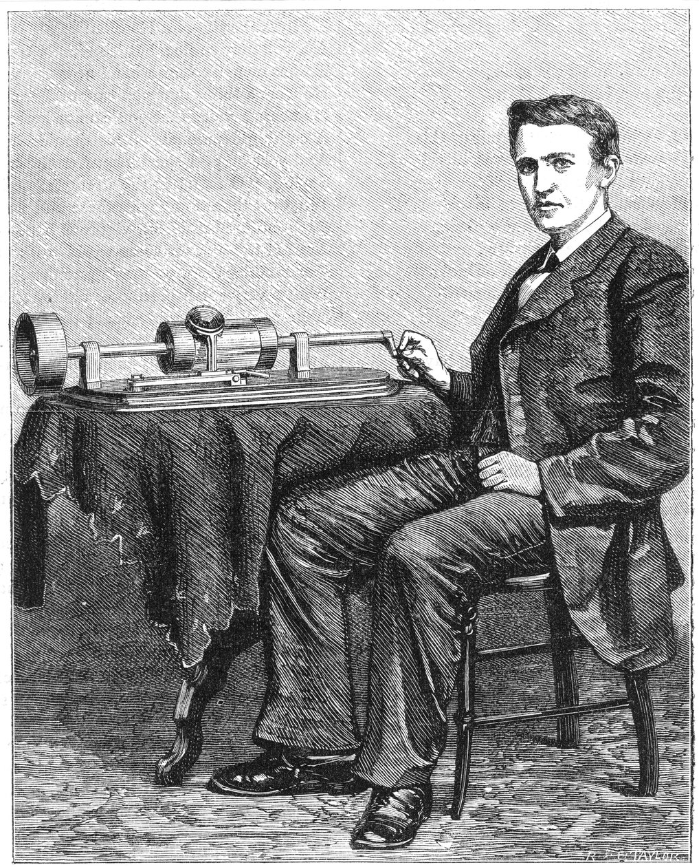 Thomas Alva Edison, amerykański wynalazca, z wczesnym ręcznym modelem swojego fonografu, 1878 autorstwa Unbekannt
