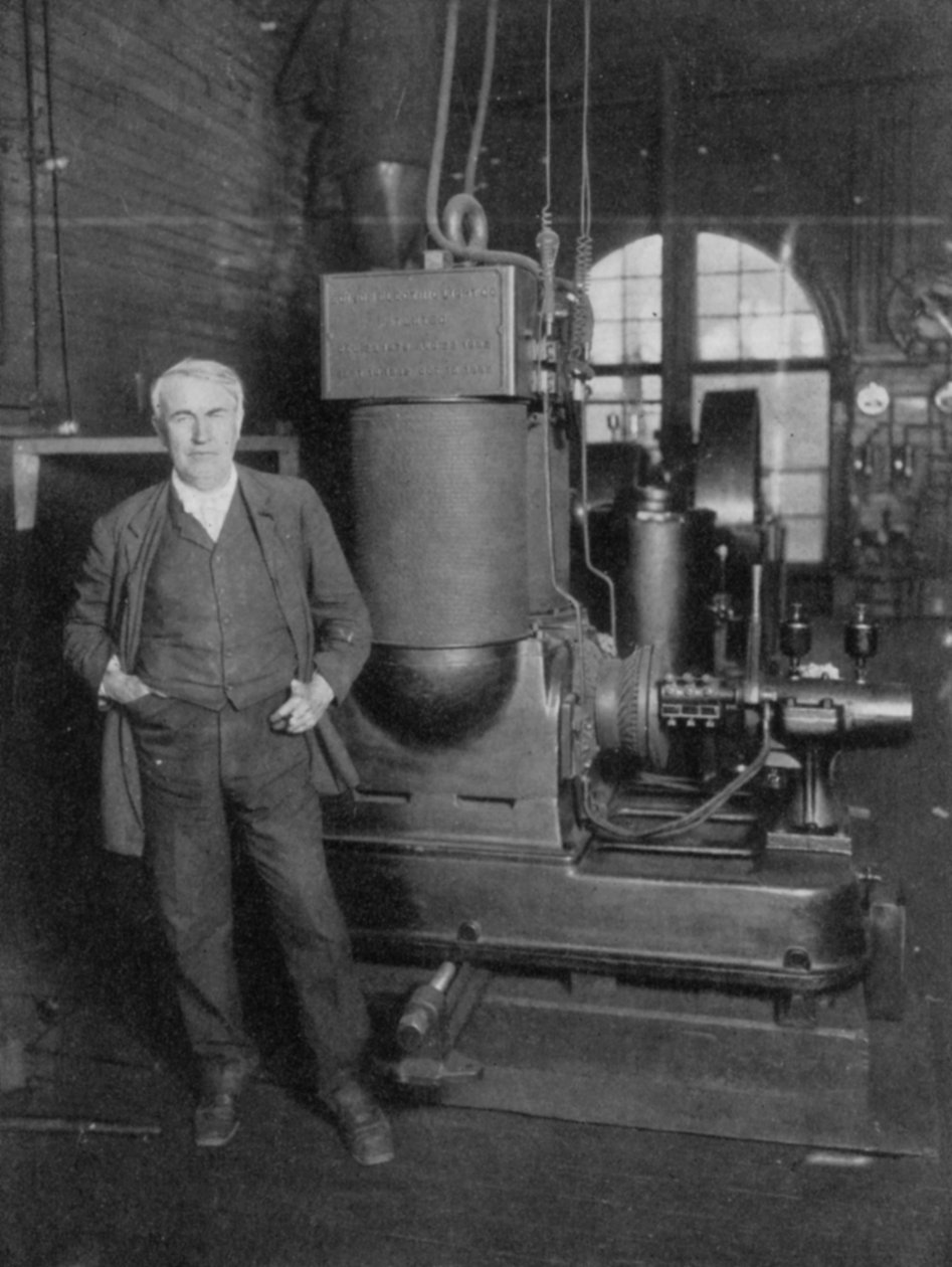Thomas Alva Edison, amerykański wynalazca, ze swoim pierwszym dynamem do produkcji światła elektrycznego, lata 80. XIX wieku autorstwa Unbekannt