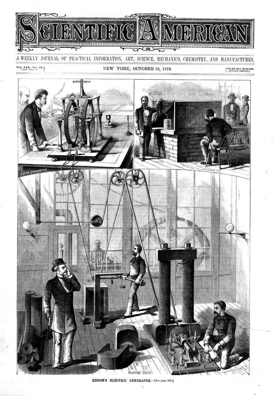Generator oświetlenia elektrycznego Thomasa Edisona w jego domu w Menlo Park, New Jersey, USA, 1879 r. autorstwa Unbekannt