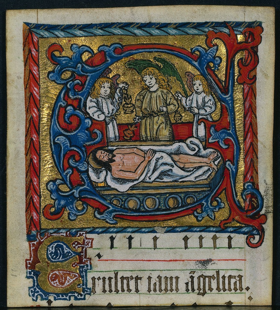 Trzy wycinki z mszału: inicjał E z aniołami do grobu, ok. 1930. 1470-1500. autorstwa Unbekannt