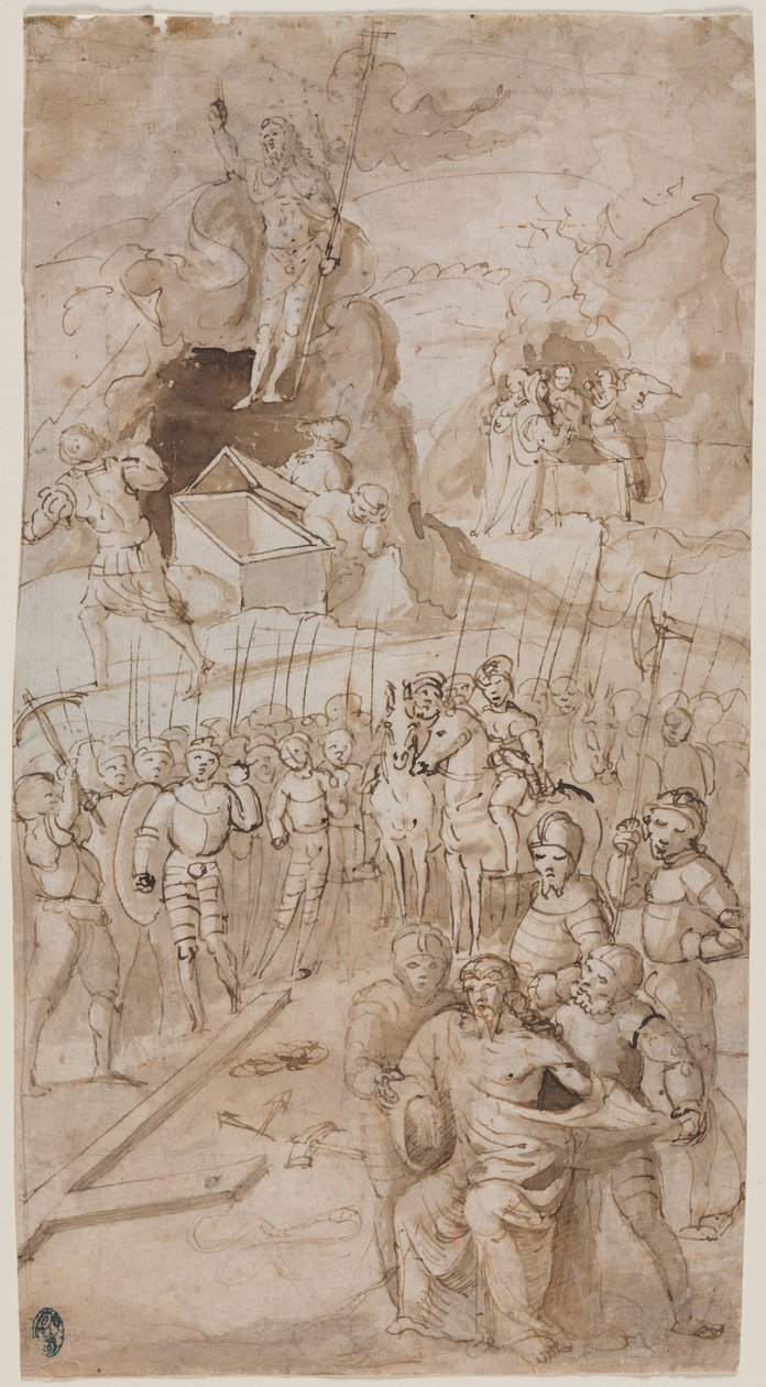 Trzy sceny z Męki Pańskiej recto Szkic architektoniczny verso, 1500s. autorstwa Unbekannt