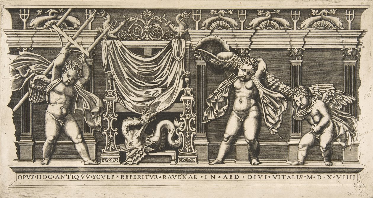 Trzy amorki przed fasadą z pilastrami, jeden trzymający trójząb i drugi..., ca. 1515-1600. autorstwa Unbekannt