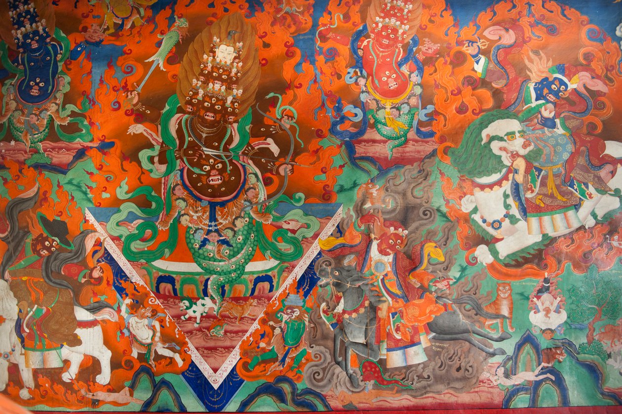 buddyzm tybetański; stare malowidło ścienne w auli; demon walczący za pomocą łuków i strzał; Klasztor Trakthok Gompa; Sakti w pobliżu Leh; rejon Ladakhu; Dżammu i Kaszmir; Indie; Południowa Azja; Azja autorstwa Unbekannt