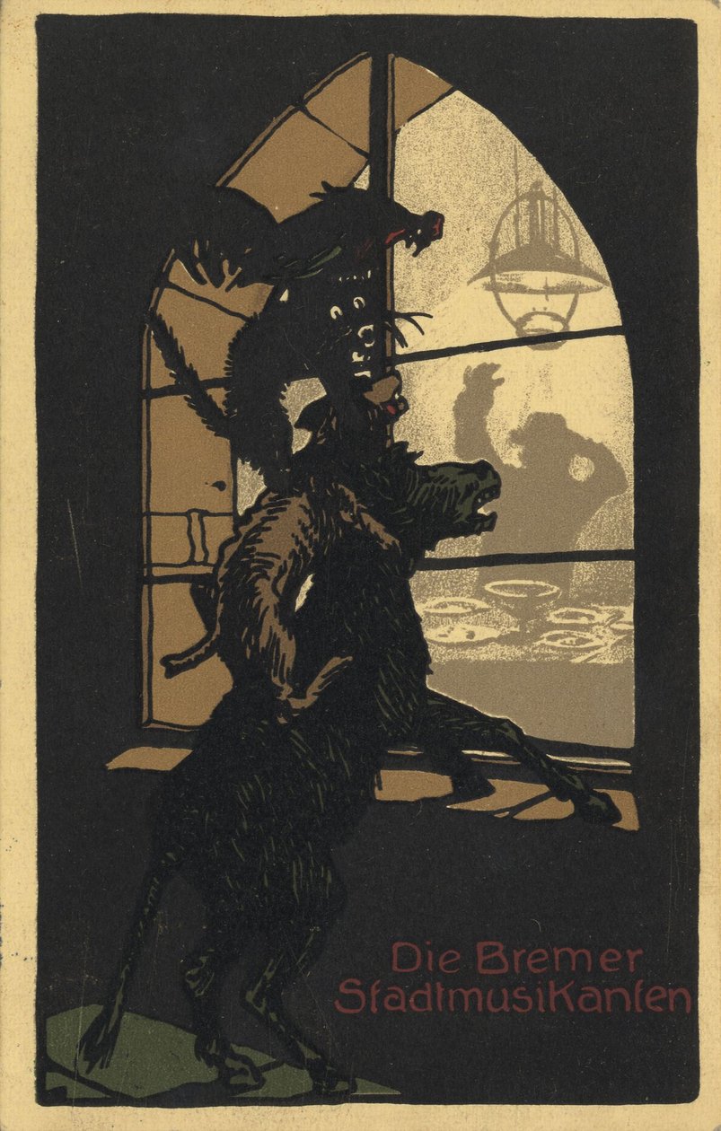 Projekt tytułowy księgi Muzycy z Bremy braci Grimm, lata 1910 autorstwa Unbekannt