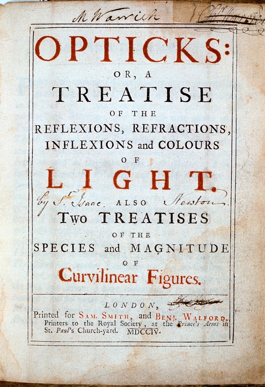 Strona tytułowa Opticks autorstwa angielskiego naukowca i matematyka Izaaka Newtona, 1794 autorstwa Unbekannt