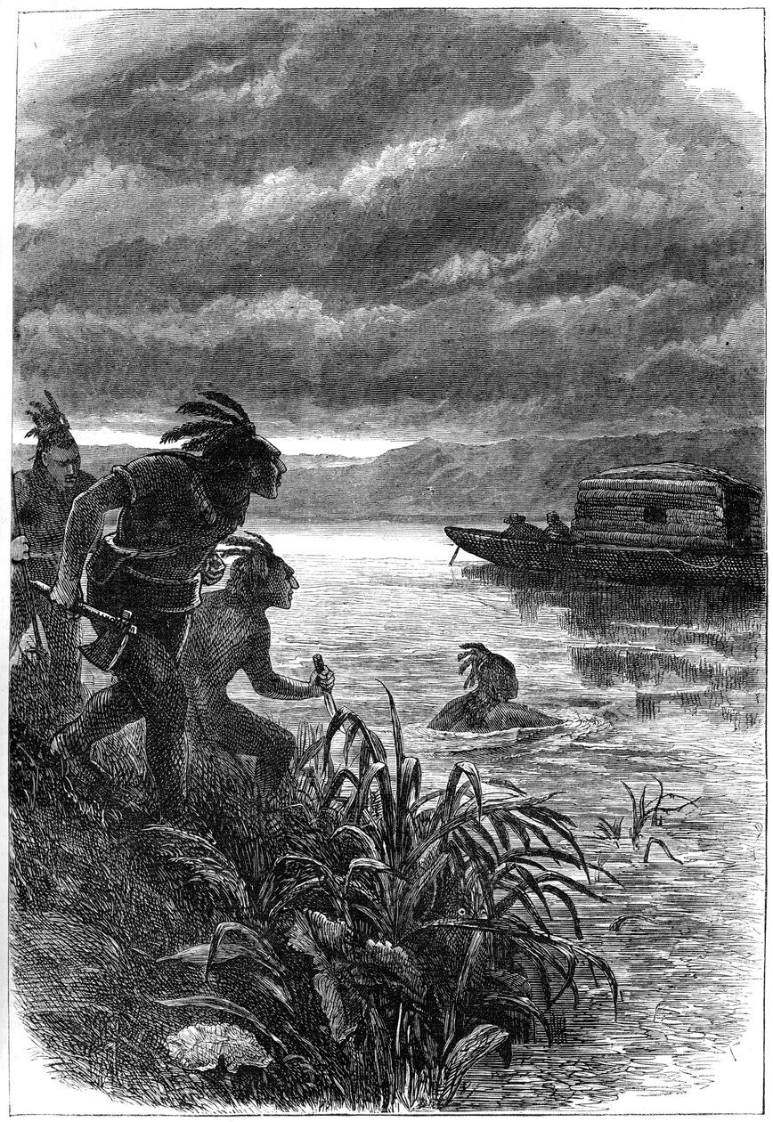 Kupcy na rzece Ohio zaatakowani przez rdzennych Amerykanów, XVIII wiek ok. 1880 r. autorstwa Unbekannt