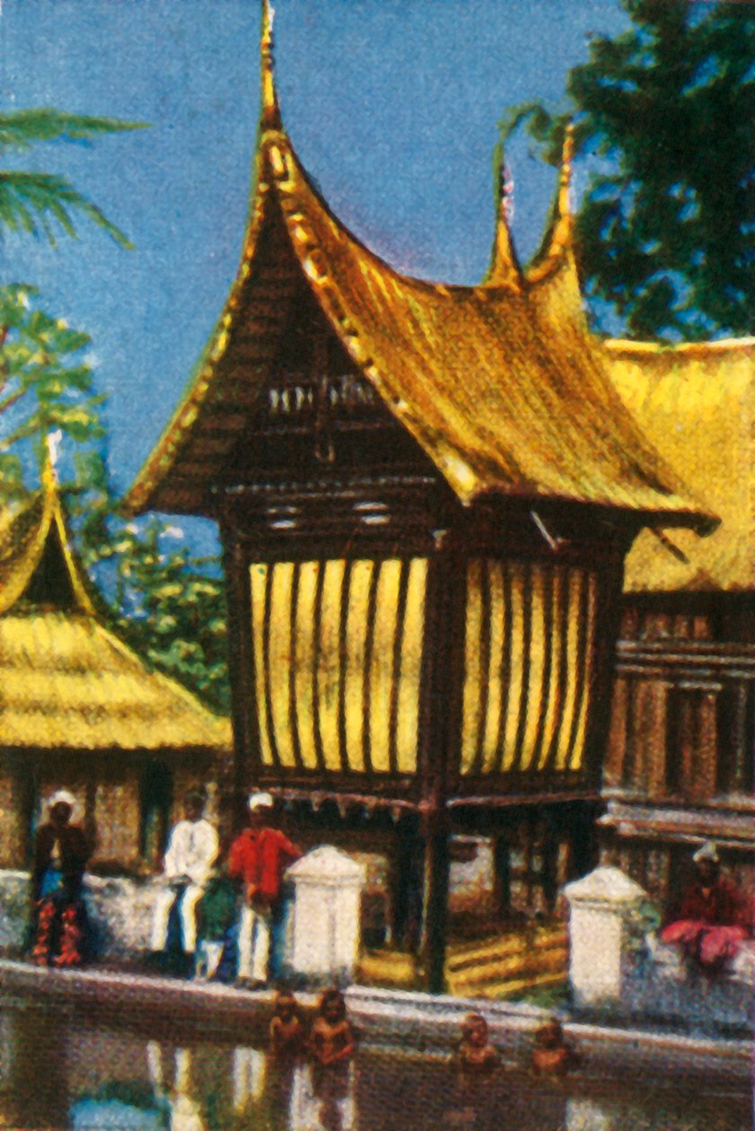 Tradycyjna stodoła ryżowa kryta strzechą, Padang, Sumatra, ok. 1928. autorstwa Unbekannt