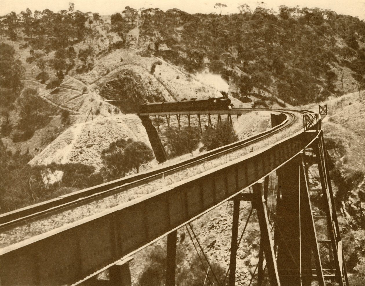 Pociąg przejeżdżający przez wiadukt, Mount Lofty Range, Australia Południowa, 1930. autorstwa Unbekannt