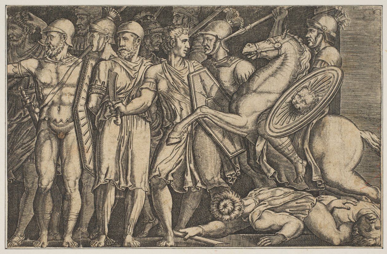 Trajan walczący z Dakami, Trajan na koniu po prawej jedzie w kierunku grupy..., ok. godz. 1515-1600. autorstwa Unbekannt
