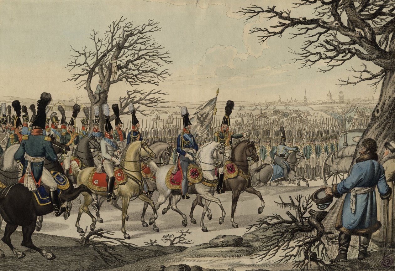 Car Aleksander I i król Fryderyk Wilhelm III przed wojskami, ok. 1813 autorstwa Unbekannt