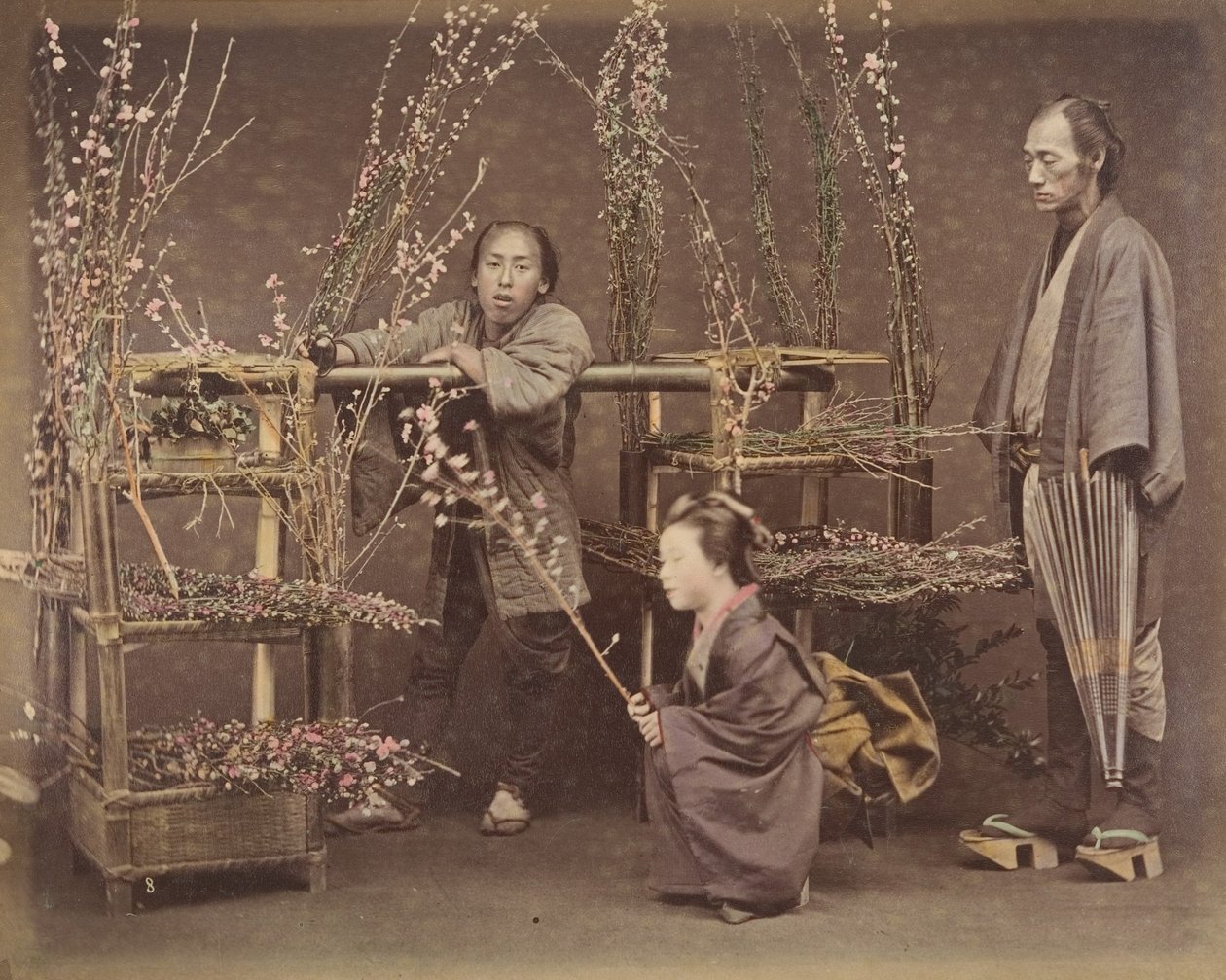 [Dwóch Japończyków i jedna Japonka pozuje z kwitnącymi gałęziami], lata 70. XIX wieku, autorstwa Unbekannt