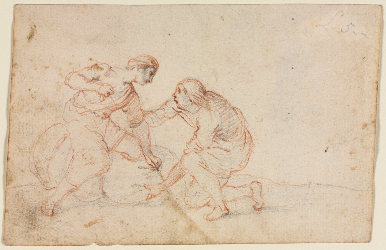 Dwóch mężczyzn wiążących tobołek, 1600s. autorstwa Unbekannt