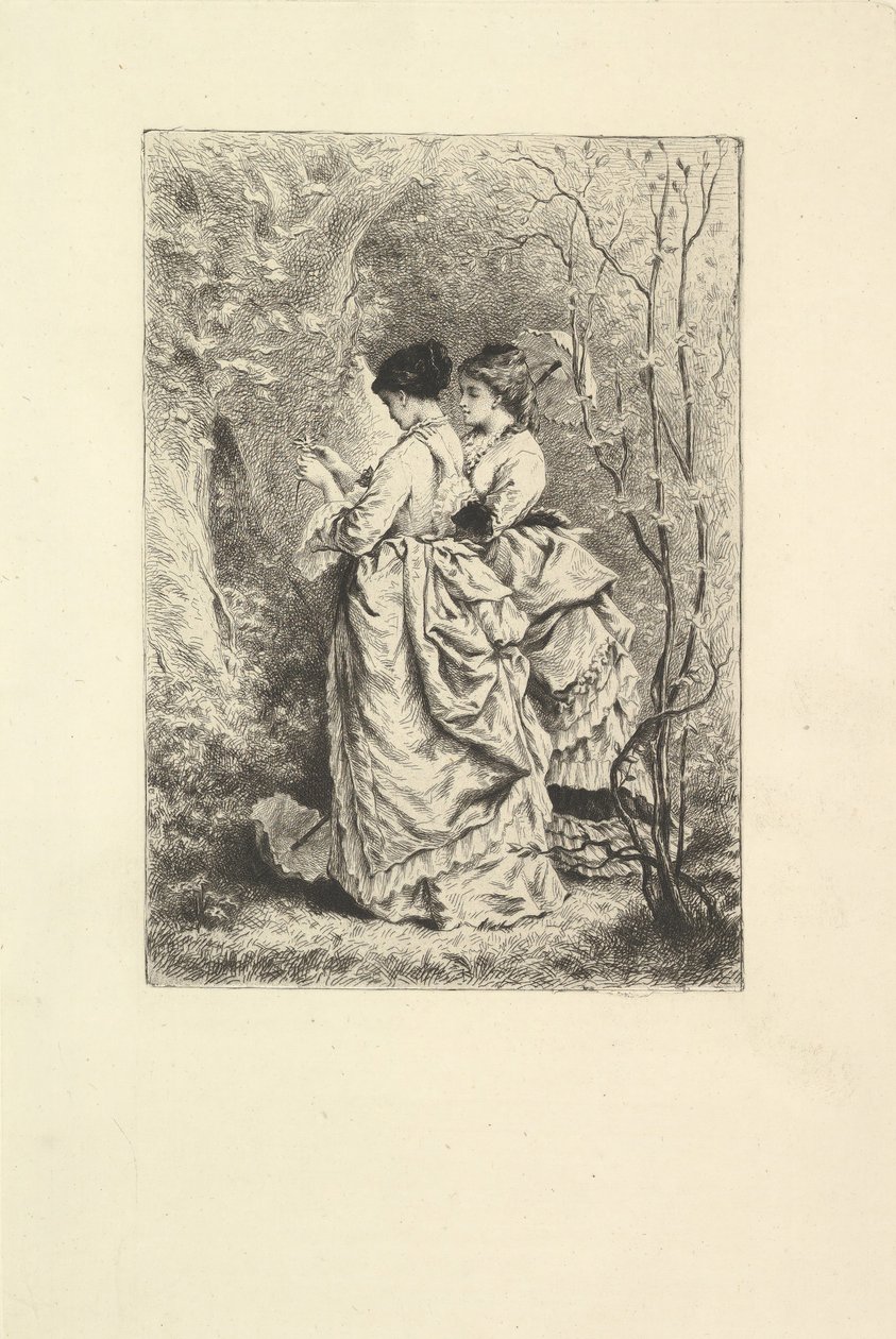 Dwie młode damy w ogrodzie, 1873-74. autorstwa Unbekannt