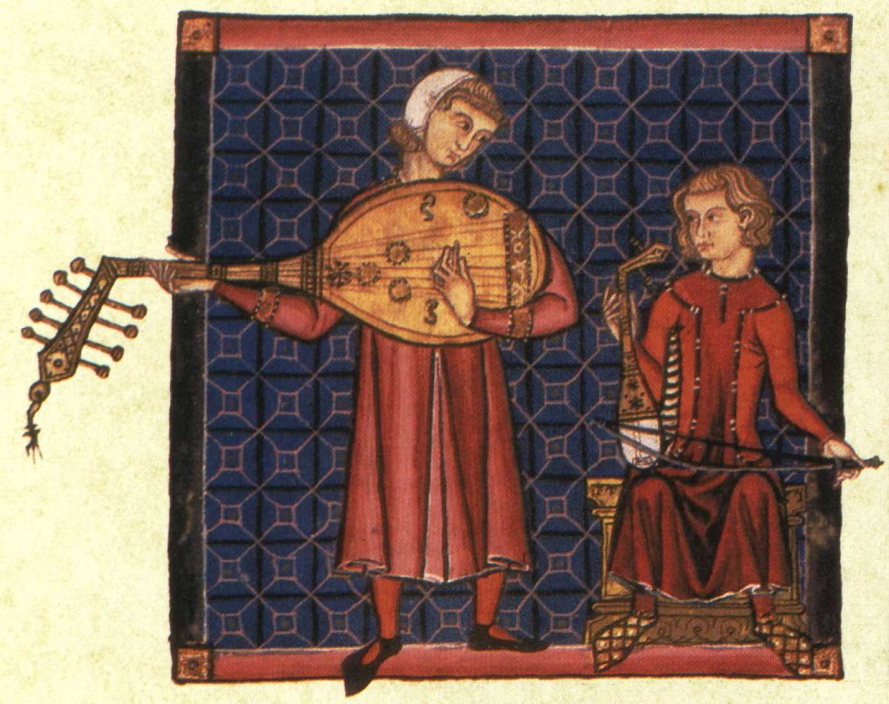 Dwóch minstreli. Ilustracja z kodeksu Cantigas de Santa Maria, c. 1280 autorstwa Unbekannt