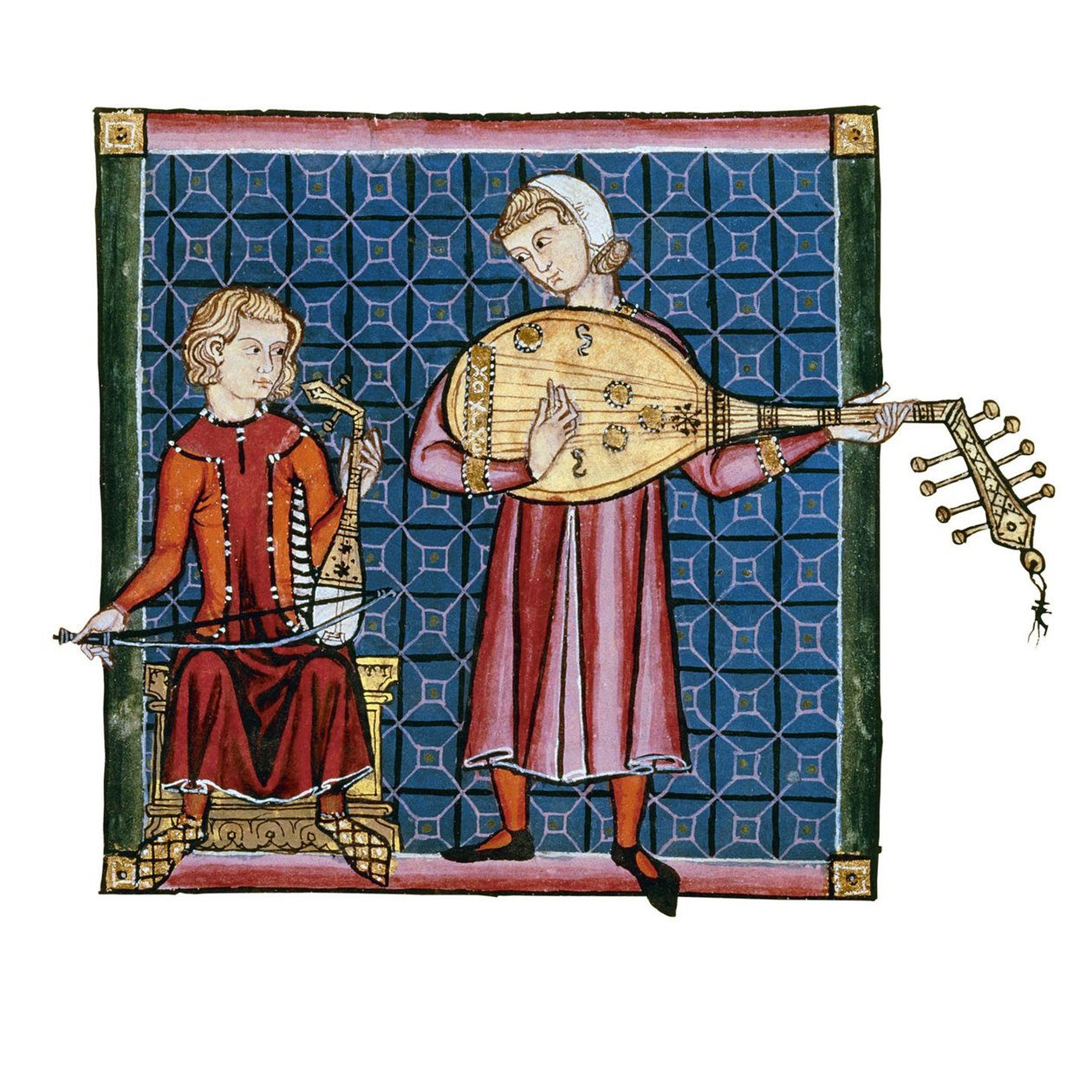 Dwóch minstreli. Ilustracja z kodeksu Cantigas de Santa Maria, c. 1280 autorstwa Unbekannt