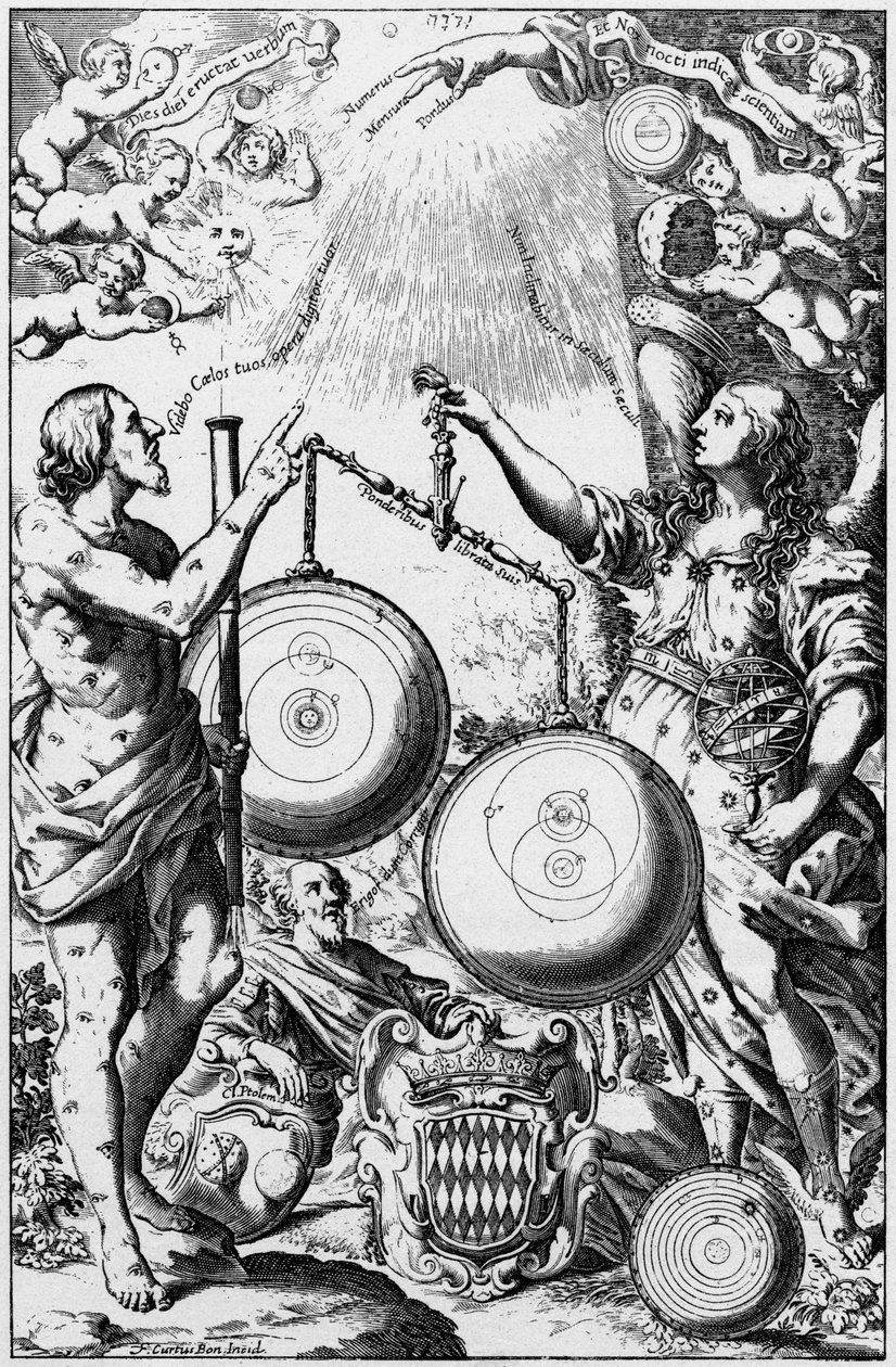 Urania, muza astronomii, ważenie i porównywanie systemów wszechświata, 1651 autorstwa Unbekannt